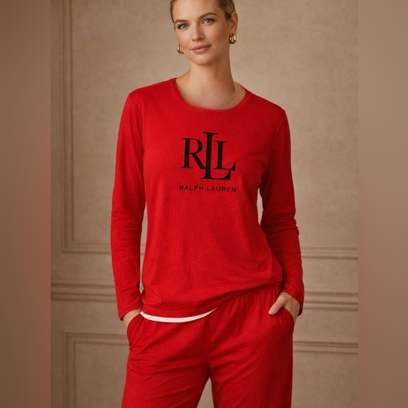 NWT Lauren Ralph Lauren Black Label Red RL Logo Long Sleeve Pajama Sleep Top - Picture 8 of 8
